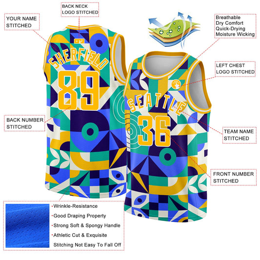 Custom Royal Gold-White 3D Pattern Design Abstract Geometric Shapes Authentic Basketball Jersey - Sky-Custom
