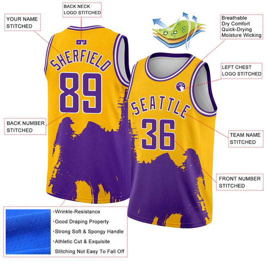 Custom Gold Purple-White 3D Pattern Design Abstract Grunge Halftone Art Authentic Basketball Jersey - Sky-Custom