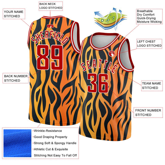 Custom Gold Red-Black 3D Pattern Design Tiger Prints Authentic Basketball Jersey - Sky-Custom