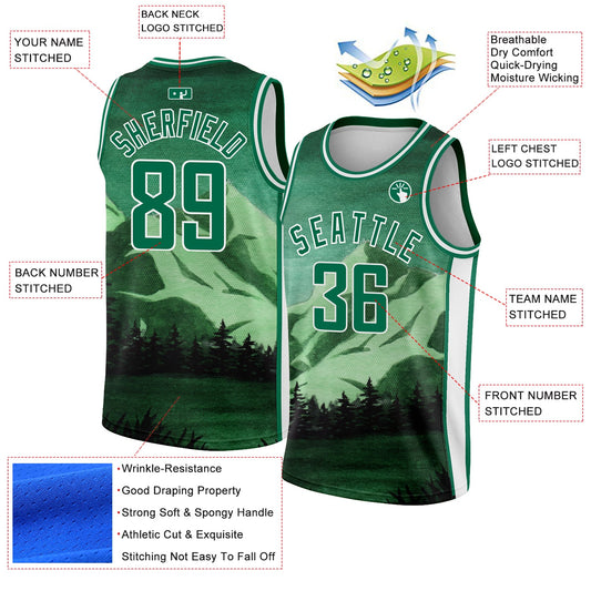 Custom Kelly Green White 3D Pattern Design Natural Landscape Watercolor Style Authentic Basketball Jersey - Sky-Custom