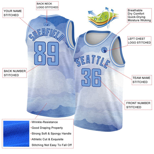 Custom White Light Blue-Royal 3D Pattern Design Sky With Clouds Watercolor Style Authentic Basketball Jersey - Sky-Custom