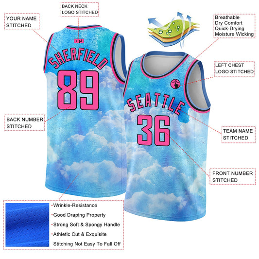 Custom Sky Blue Pink-Black 3D Pattern Design Sky With Clouds Watercolor Style Authentic Basketball Jersey - Sky-Custom