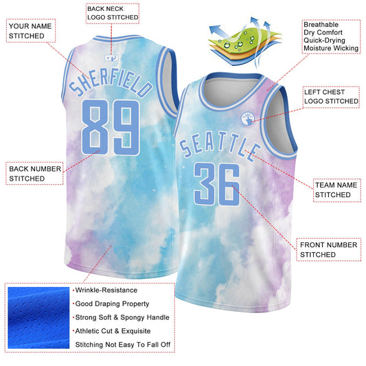 Custom White Light Blue-Purple 3D Pattern Design Sky With Clouds Watercolor Style Authentic Basketball Jersey - Sky-Custom