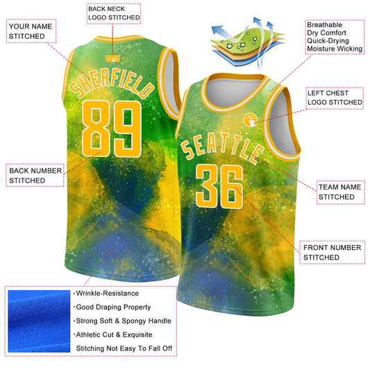 Custom Neon Green Gold-White 3D Pattern Design Abstract Psychedelic Liquid Authentic Basketball Jersey - Sky-Custom