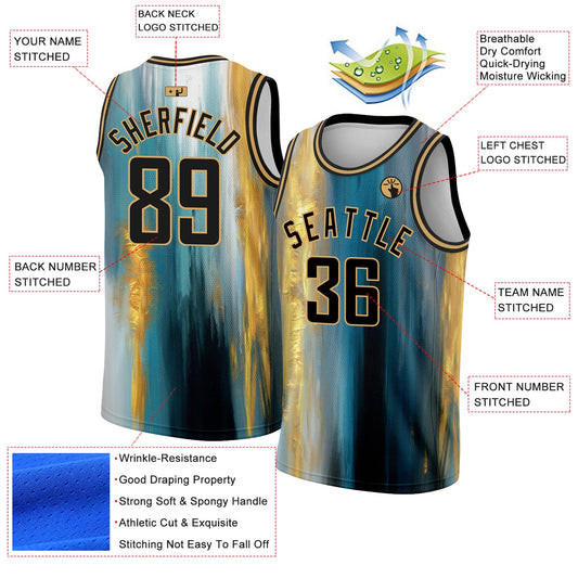 Custom Old Gold Black 3D Pattern Design Gold Foil Authentic Basketball Jersey - Sky-Custom