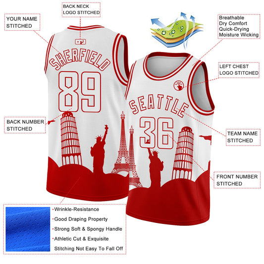 Custom White Red Holiday Travel Monuments Silhouette Authentic City Edition Basketball Jersey - Sky-Custom