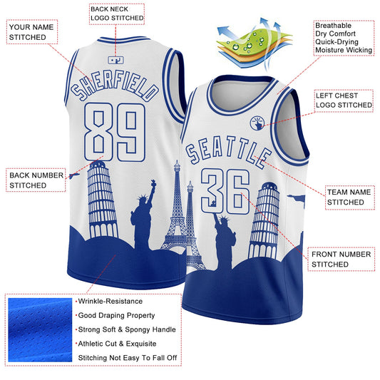 Custom White Royal Holiday Travel Monuments Silhouette Authentic City Edition Basketball Jersey - Sky-Custom