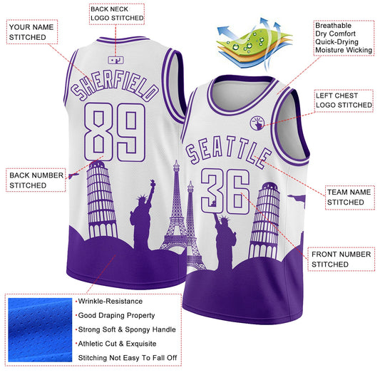 Custom White Purple Holiday Travel Monuments Silhouette Authentic City Edition Basketball Jersey - Sky-Custom