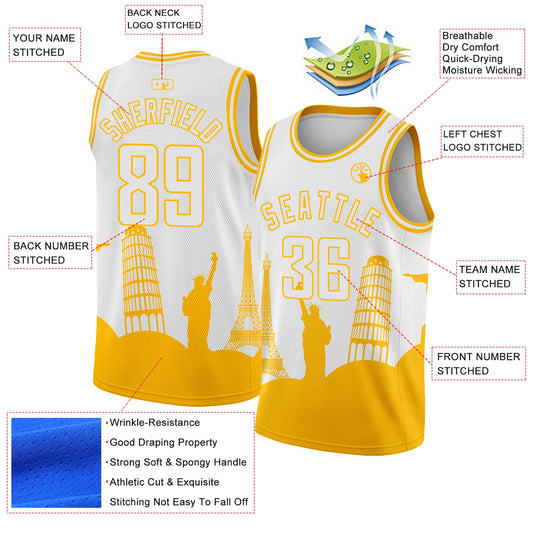 Custom White Gold Holiday Travel Monuments Silhouette Authentic City Edition Basketball Jersey - Sky-Custom
