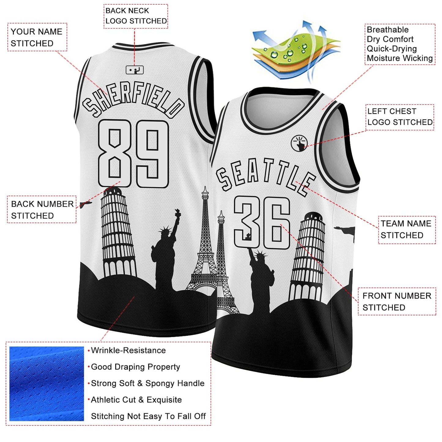 Custom White Black Holiday Travel Monuments Silhouette Authentic City Edition Basketball Jersey - Sky-Custom