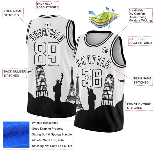 Custom White Black Holiday Travel Monuments Silhouette Authentic City Edition Basketball Jersey - Sky-Custom