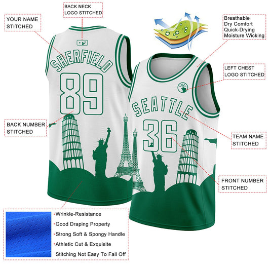 Custom White Kelly Green Holiday Travel Monuments Silhouette Authentic City Edition Basketball Jersey - Sky-Custom