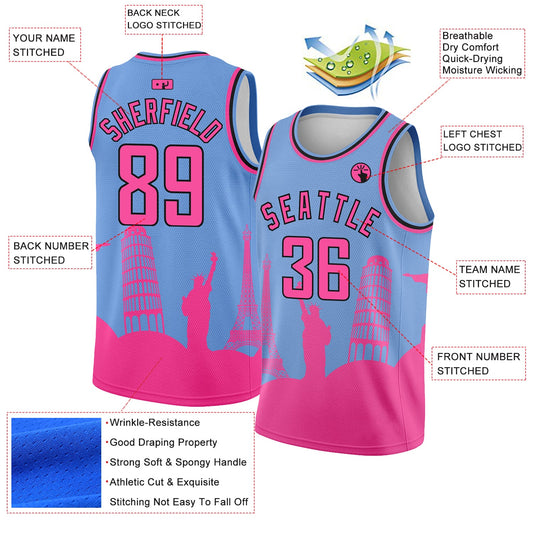 Custom Light Blue Pink-Black Holiday Travel Monuments Silhouette Authentic City Edition Basketball Jersey - Sky-Custom