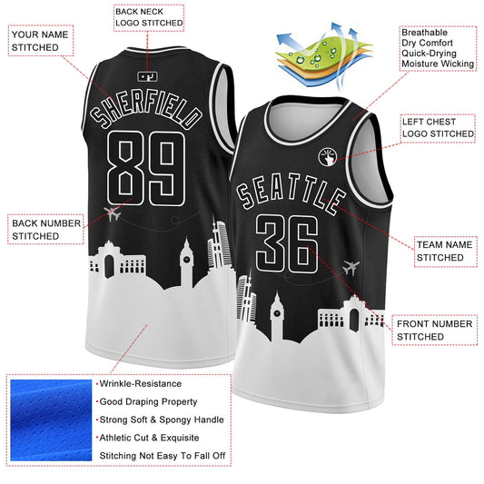 Custom Black White Holiday Travel Monuments Silhouette Authentic City Edition Basketball Jersey - Sky-Custom
