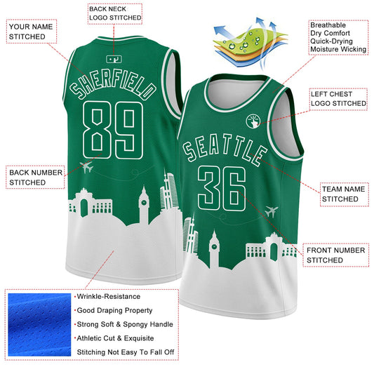 Custom Kelly Green White Holiday Travel Monuments Silhouette Authentic City Edition Basketball Jersey - Sky-Custom