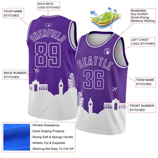 Custom Purple White Holiday Travel Monuments Silhouette Authentic City Edition Basketball Jersey - Sky-Custom