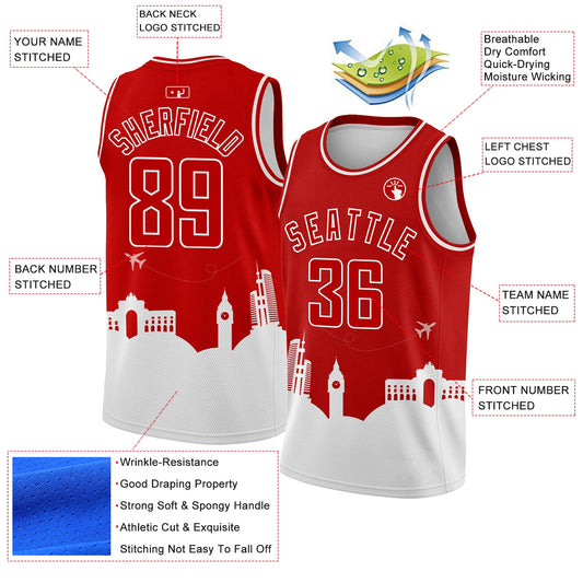 Custom Red White Holiday Travel Monuments Silhouette Authentic City Edition Basketball Jersey - Sky-Custom