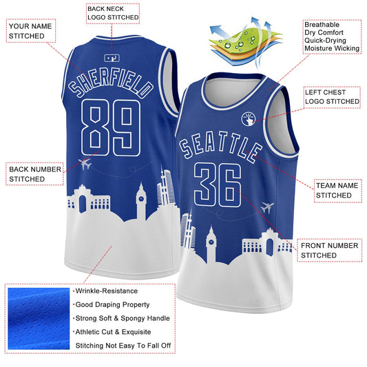 Custom Royal White Holiday Travel Monuments Silhouette Authentic City Edition Basketball Jersey - Sky-Custom