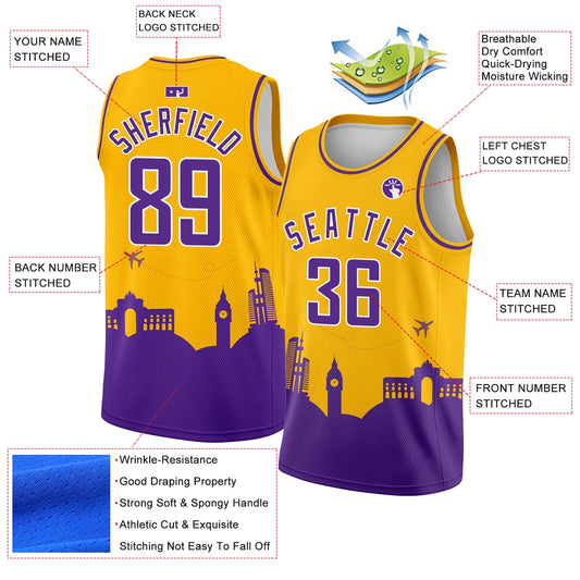 Custom Gold Purple-White Holiday Travel Monuments Silhouette Authentic City Edition Basketball Jersey - Sky-Custom