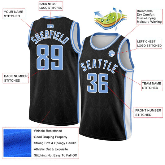 Custom Black Light Blue-White Geometric Shapes And Side Stripes Authentic City Edition Basketball Jersey - Sky-Custom