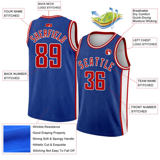 Custom Royal Red-White Geometric Shapes And Side Stripes Authentic City Edition Basketball Jersey - Sky-Custom