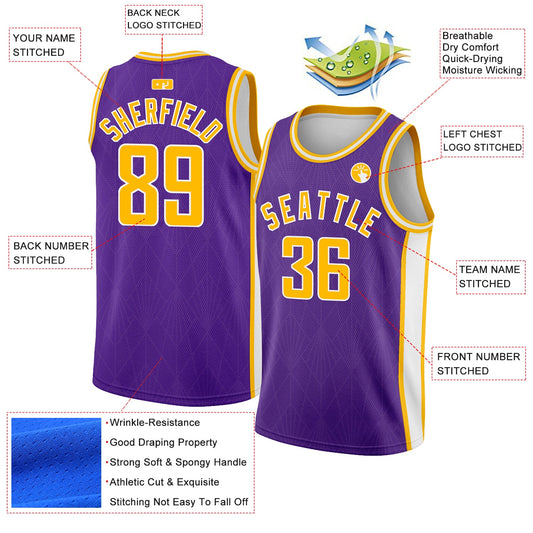 Custom Purple Gold-White Geometric Shapes And Side Stripes Authentic City Edition Basketball Jersey - Sky-Custom