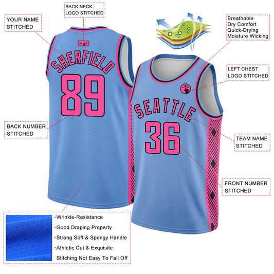 Custom Light Blue Pink-Black Side Panel Abstract Lines Authentic City Edition Basketball Jersey - Sky-Custom