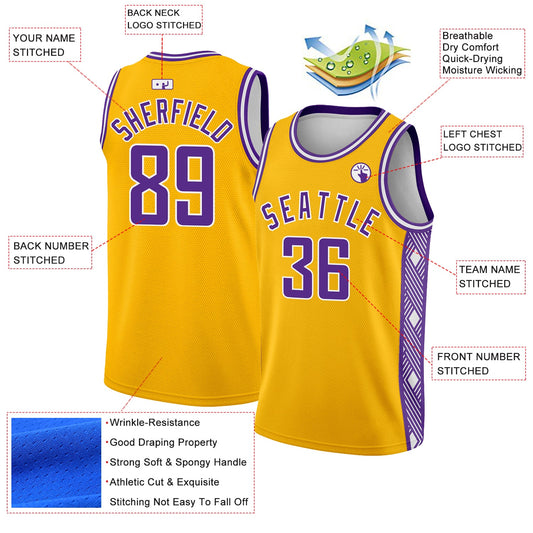 Custom Gold Purple-White Side Panel Abstract Lines Authentic City Edition Basketball Jersey - Sky-Custom