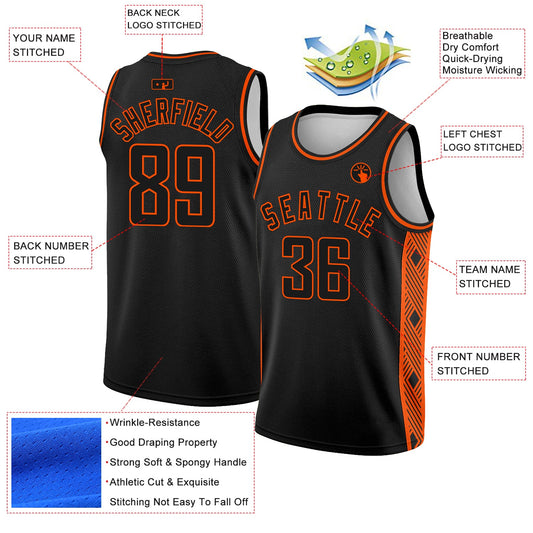 Custom Black Orange Side Panel Abstract Lines Authentic City Edition Basketball Jersey - Sky-Custom