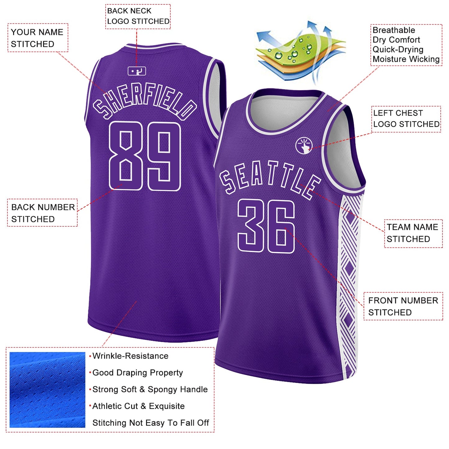 Custom Purple White Side Panel Abstract Lines Authentic City Edition Basketball Jersey - Sky-Custom