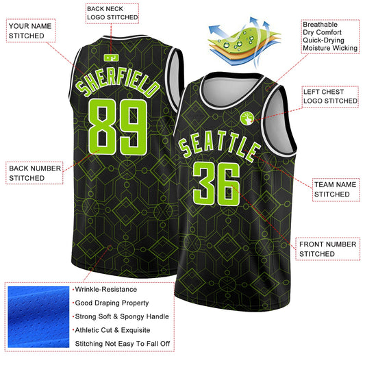 Custom Black Neon Green-White Geometric Shapes Authentic City Edition Basketball Jersey - Sky-Custom