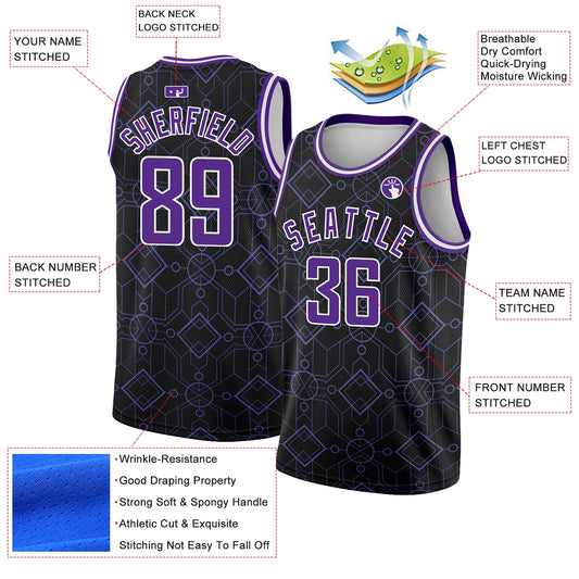 Custom Black Purple-White Geometric Shapes Authentic City Edition Basketball Jersey - Sky-Custom