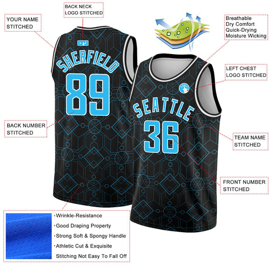 Custom Black Sky Blue-White Geometric Shapes Authentic City Edition Basketball Jersey - Sky-Custom