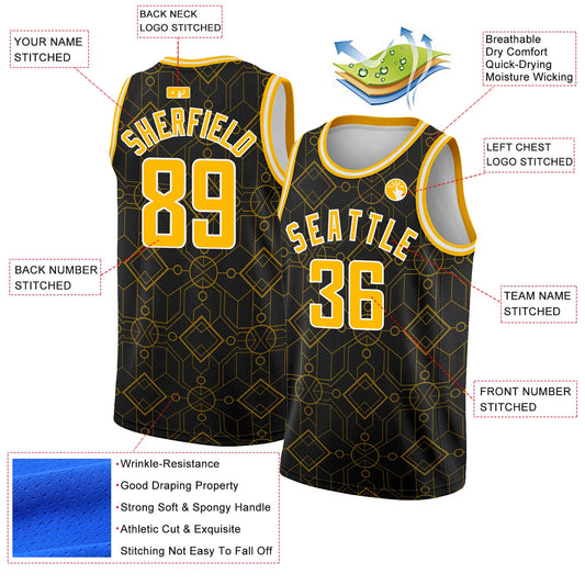 Custom Black Gold-White Geometric Shapes Authentic City Edition Basketball Jersey - Sky-Custom