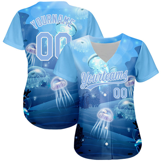 Custom Light Blue White 3D Pattern Design Jellyfish Underwater Life Authentic Baseball Jersey - Sky-Custom
