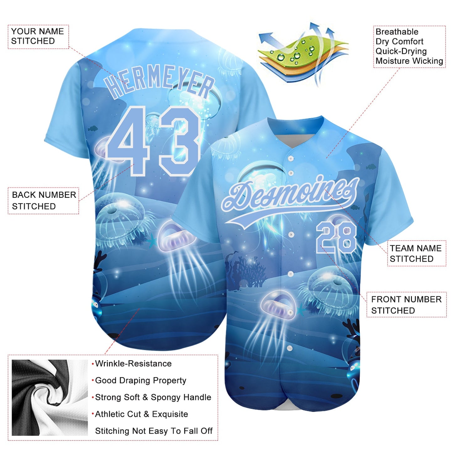 Custom Light Blue White 3D Pattern Design Jellyfish Underwater Life Authentic Baseball Jersey - Sky-Custom