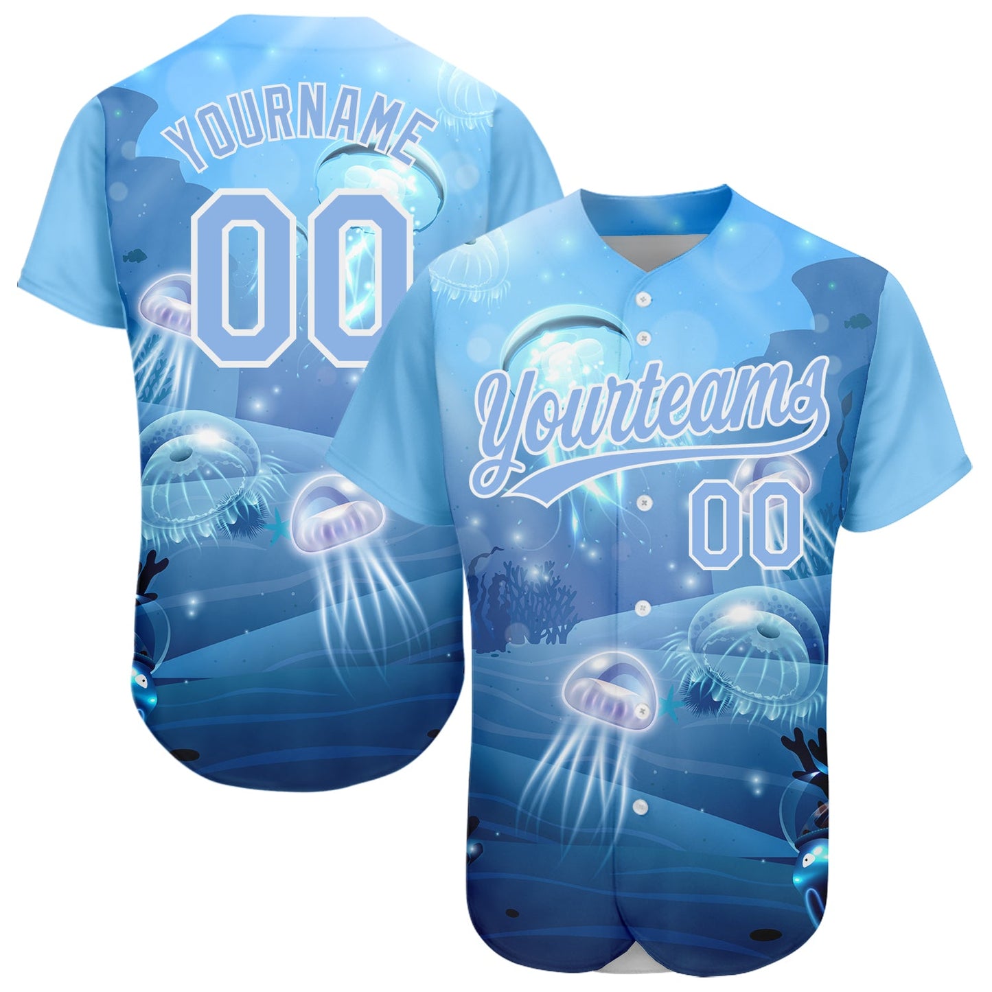 Custom Light Blue White 3D Pattern Design Jellyfish Underwater Life Authentic Baseball Jersey - Sky-Custom