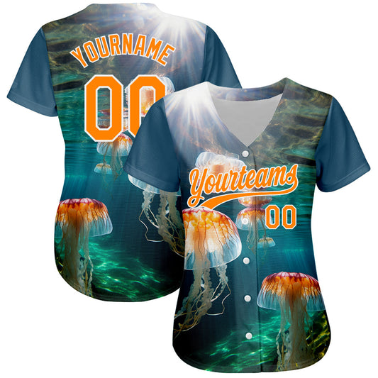 Custom Navy Bay Orange-White 3D Pattern Design Jellyfish In The Ocean Authentic Baseball Jersey - Sky-Custom