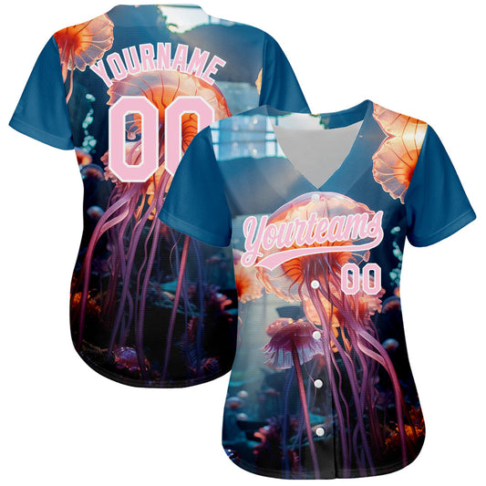 Custom Navy Light Pink-White 3D Pattern Design Jellyfish Floating In The Ocean Authentic Baseball Jersey - Sky-Custom