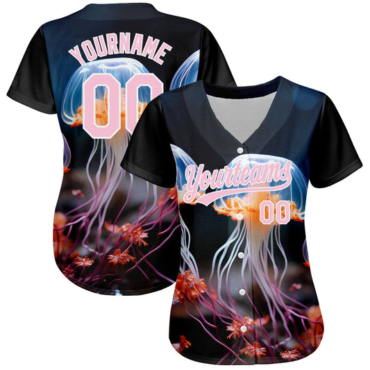 Custom Black Light Pink-White 3D Pattern Design Jellyfish Underwater Life Authentic Baseball Jersey - Sky-Custom
