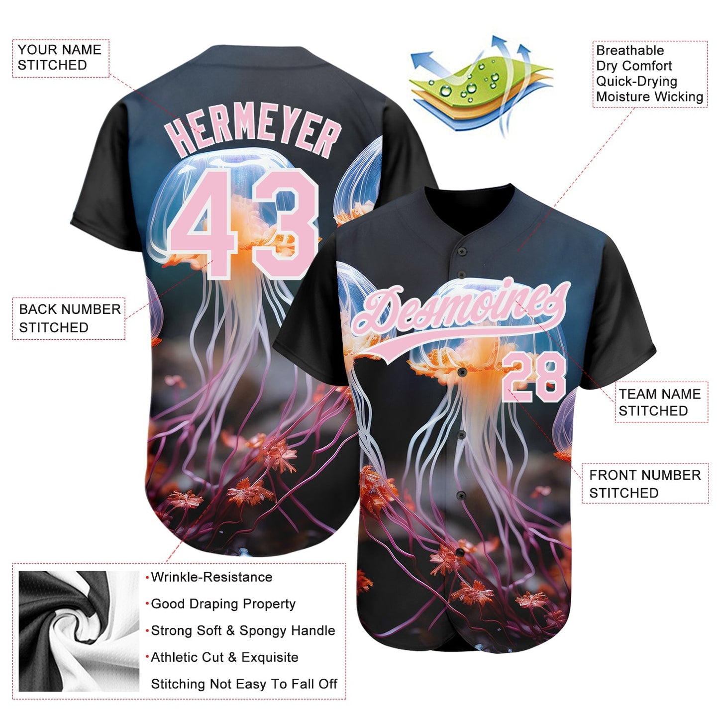 Custom Black Light Pink-White 3D Pattern Design Jellyfish Underwater Life Authentic Baseball Jersey - Sky-Custom