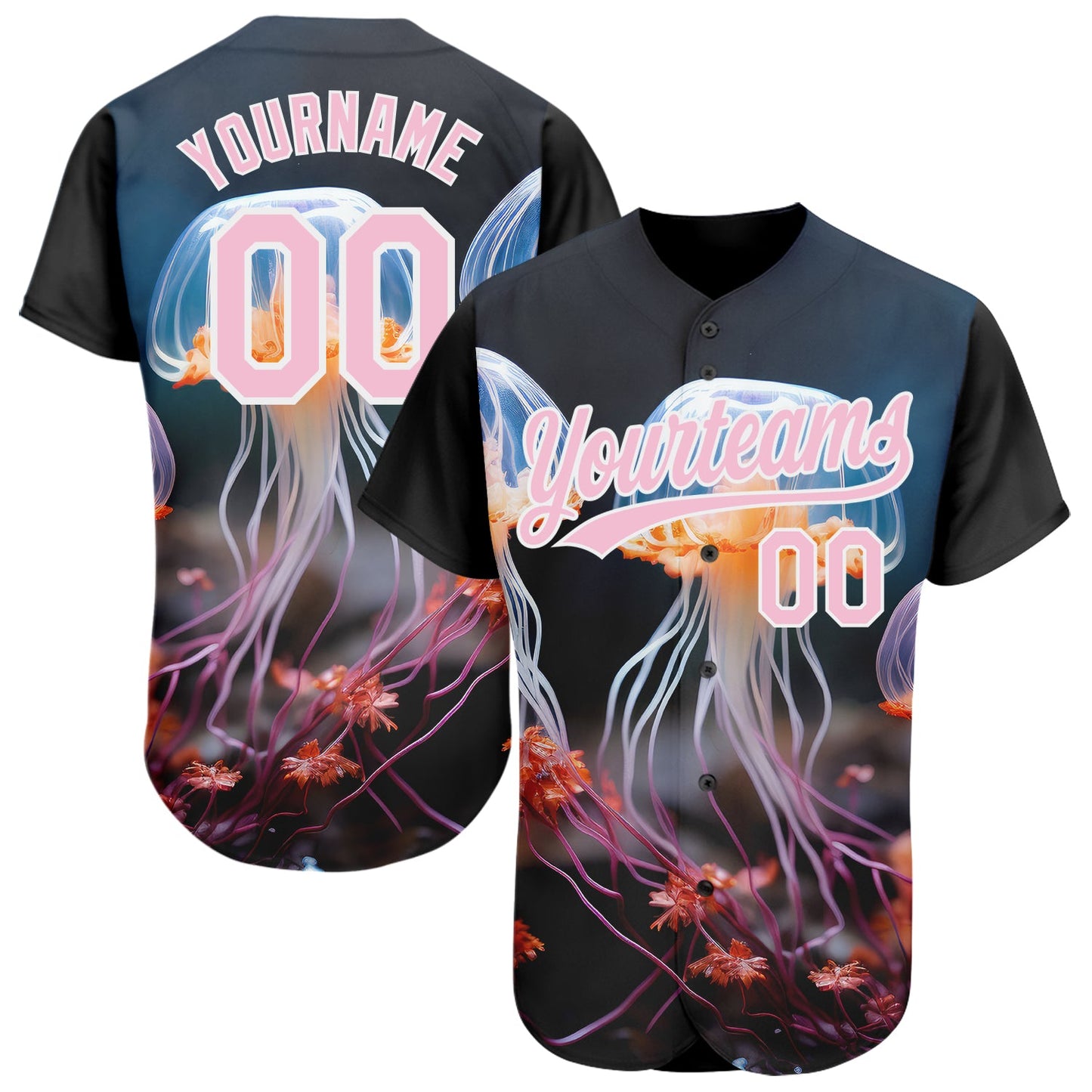 Custom Black Light Pink-White 3D Pattern Design Jellyfish Underwater Life Authentic Baseball Jersey - Sky-Custom