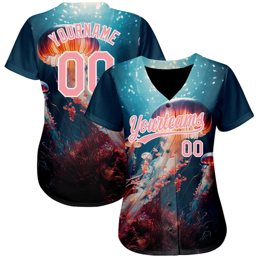 Custom Navy Medium Pink-White 3D Pattern Design Jellyfish Under Water With Light Shining Authentic Baseball Jersey - Sky-Custom