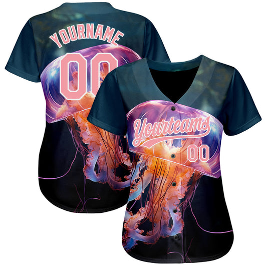Custom Navy Medium Pink-White 3D Pattern Design Jellyfish Swimming In The Water Authentic Baseball Jersey - Sky-Custom