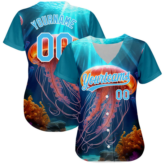 Custom Sky Blue White 3D Pattern Design Jellyfish Floating In The Ocean Authentic Baseball Jersey - Sky-Custom