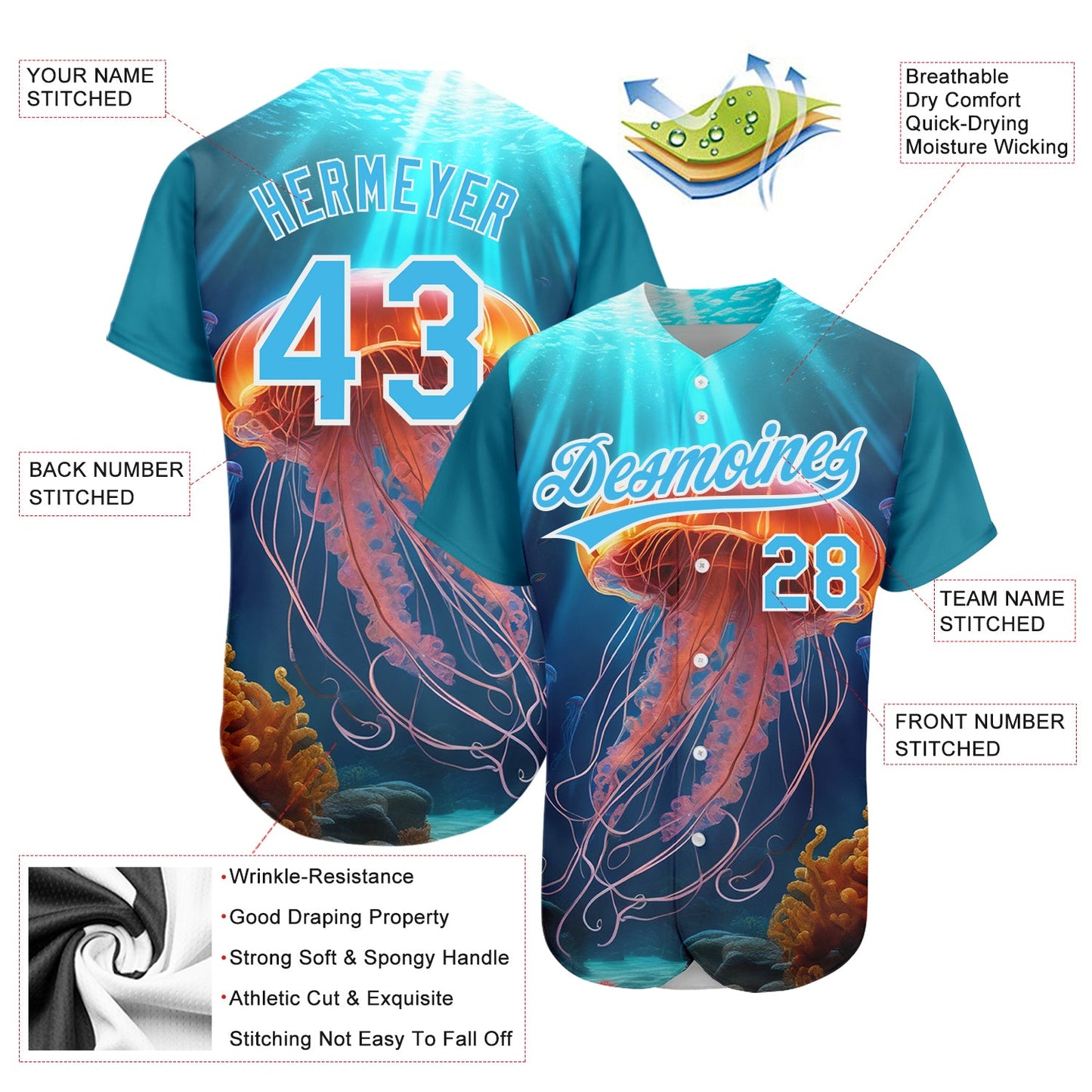 Custom Sky Blue White 3D Pattern Design Jellyfish Floating In The Ocean Authentic Baseball Jersey - Sky-Custom