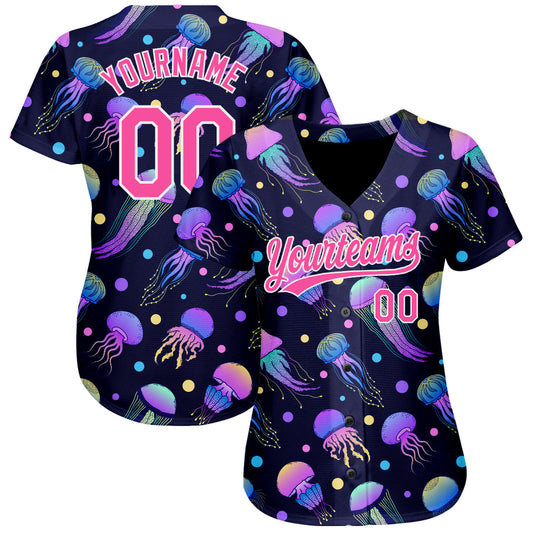 Custom Navy Pink-White 3D Pattern Design Colorful Cartoon Jellyfish Authentic Baseball Jersey - Sky-Custom