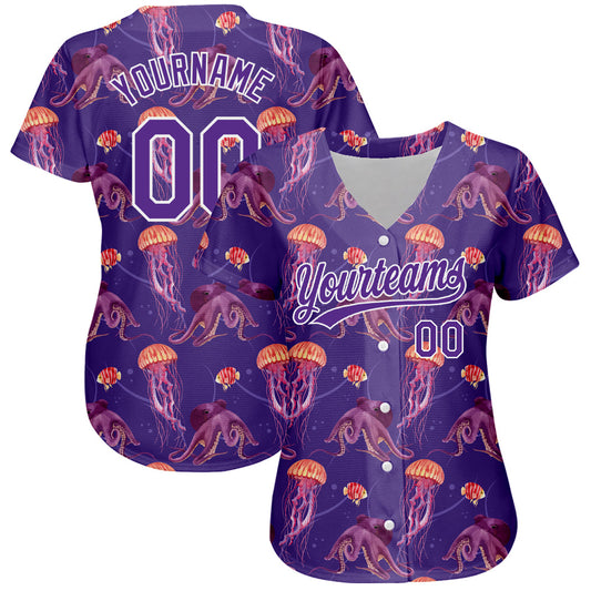 Custom Purple White 3D Pattern Design Jellyfish And Octopus Authentic Baseball Jersey - Sky-Custom
