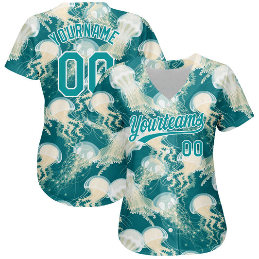 Custom Teal White 3D Pattern Design Jellyfish Authentic Baseball Jersey - Sky-Custom