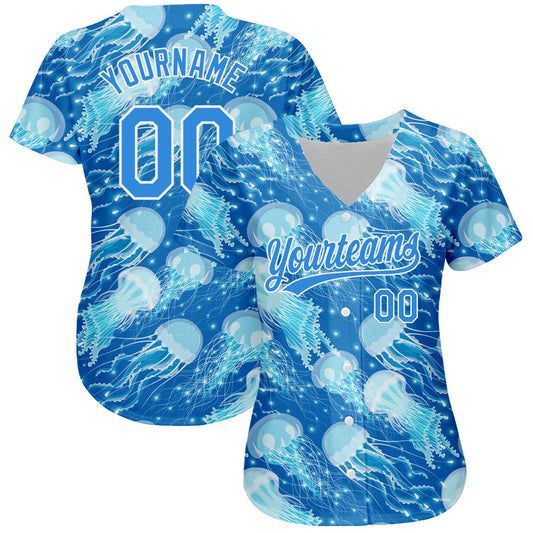 Custom Electric Blue White 3D Pattern Design Jellyfish Authentic Baseball Jersey - Sky-Custom